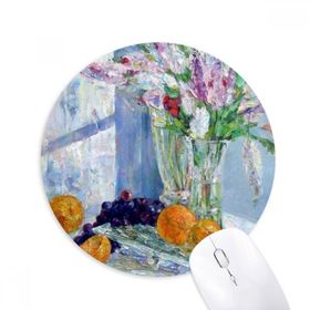 Dıythinker Natürmort Boyama Vazo Çiçek Üzüm Baskılı Yuvarlak Kaymaz Kauçuk Mouse Pad