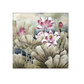 Dıythinker Pembe Lotus Tomurcuğu Çiçek Açan Atroviren Lotus Yaprağı Çin Klasik Paingting 15x15 cm Seramik Karo