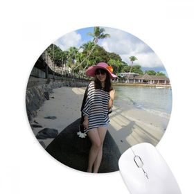 Dıythinker Plaj Hindistan Cevizi Ağacı Ellie Yao Kız Taş Baskılı Yuvarlak Kaymaz Kauçuk Mouse Pad