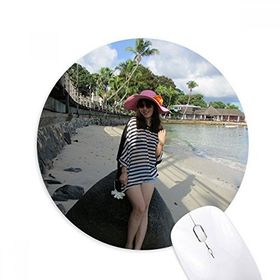 Dıythinker Plaj Hindistan Cevizi Ağacı Ellie Yao Kız Taş Baskılı Yuvarlak Kaymaz Kauçuk Mouse Pad
