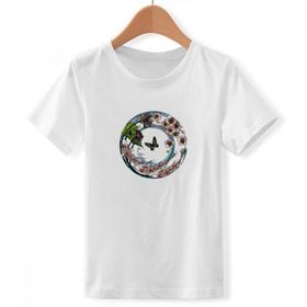 DIYthinker S Beyaz Carp Sakura Lotus Desenli Geometrik Crew Boyun Tişört