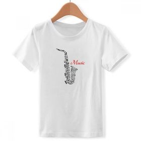 DIYthinker S Beyaz Erkek Çocuk Sax Klasik Müzik Dinleme İllüstrasyonu Bisiklet Yaka Tişört