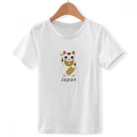 DIYthinker S Beyaz Erkek Çocuk Yerel Japon Kültürü Şanslı Kedi Bisiklet Yaka Tişört