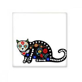 Dıythinker Siyah Kedi Çiçek Kemik Kalp Cadılar Bayramı Korku Atmosfer 10x10 cm Seramik Karo