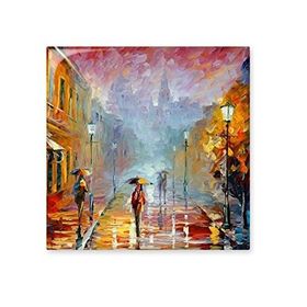 Dıythinker Yağmurlu Gecede Yürüyüş Şemsiyeli Yağlıboya Tablo 10x10 cm Seramik Karo