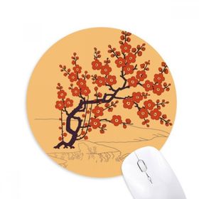 Dıythinker Yuvarlak Tablo Japon Kültürü Kırmızı Çiçek Kaymaz Kauçuk Fare Altlığı