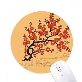 Dıythinker Yuvarlak Tablo Japon Kültürü Kırmızı Çiçek Kaymaz Kauçuk Fare Altlığı