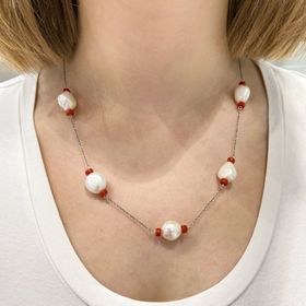 Doğal İnci ve Mercan Taşlı El Dizimi Trend Stil 925 Gümüş Kolye