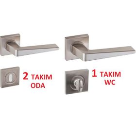 Doğanlar 3'lü Penta Nikel Saten Kare Rozetli Oda Kapı Kolu ve Wc Kapı Kolu