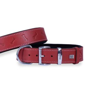 Doggie Konfor Deri Kemik Desenli Kırmızı 4x52-60 cm Boyun Tasması