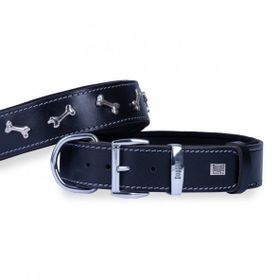 Doggie Konforlu El Yapımı Kemik Süslü Siyah 4x47-55 cm Köpek Boyun Tasması