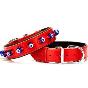 Doggie Konforlu El Yapımı Nazar Boncuklu Kırmızı 3.5x47-55 cm Köpek Boyun Tasması