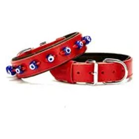 Doggie Konforlu El Yapımı Nazar Boncuklu Kırmızı 3.5x52-60 cm Köpek Boyun Tasması