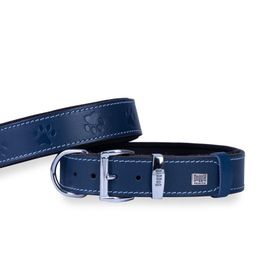 Doggie L 3.5x52-60 cm Konfor Gerçek Deriden El Yapımı Pati Desenli Royal Mavi Köpek Boyun Tasması