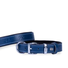 Doggie M 3x42-50 cm Konfor Gerçek Deriden El Yapımı Pati Desenli Royal Mavi Köpek Boyun Tasması