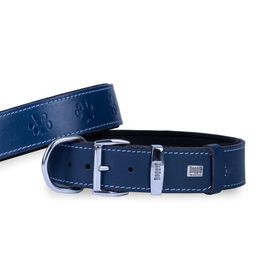 Doggie M 4x52-60 cm Konfor Gerçek Deriden El Yapımı Pati Desenli Royal Mavi Köpek Boyun Tasması