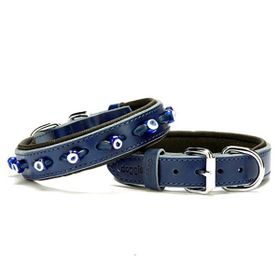 Doggie Mavi 2.5x37 45 cm Comfort Deri Nazar Boncuklu Köpek Medium Boyun Tasması