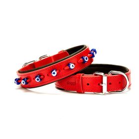 Doggie SBT-4023 Kırmızı Yumuşak Doku Ve Nazar Boncuklu Deri Boyun Tasması