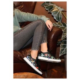 Dogo Vegan Deri Siyah Flowers&Birds Tasarım Kadın Sneakers
