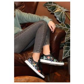 Dogo Vegan Deri Siyah Flowers&Birds Tasarım Kadın Sneakers
