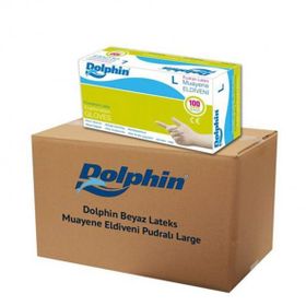 Dolphin 20 Adet 100'lü Paket Koli Tek Kullanımlık Lateks Beyaz Pudralı Large Muayne Eldiveni