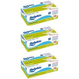 Dolphin 3 Adet 100'lü Paket Tek Kullanımlık Lateks Beyaz Pudralı Medium Muayne Eldiveni