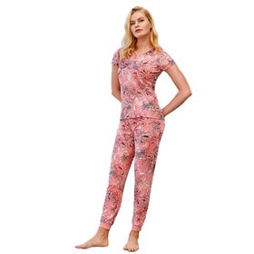 Doreanse 4001 Pembe Pamuklu Düğmeli Pat Kısa Kol Örme Kadın Pijama Takımı