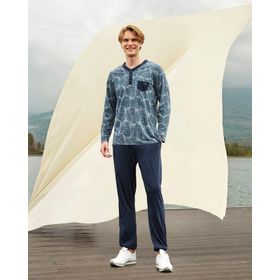 Doreanse 4533 Lacivert Desenli Cepli Uzun Kol T-Shirt Erkek Pijama Takımı