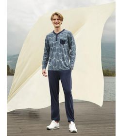 Doreanse 4533 Lacivert Desenli Cepli Uzun Kol T-Shirt Erkek Pijama Takımı