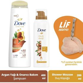 Dove Argan Yağı 400 ml Saç Bakım Şampuanı + 200 ml Argan Yağı Köpük Duş Jeli + Duş Lifi