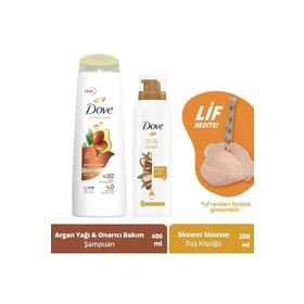 Dove Argan Yağı 400 ml Saç Bakım Şampuanı + 200 ml Argan Yağı Köpük Duş Jeli + Duş Lifi