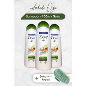 Dove Avokado Özlü 3x400 ml Saç Bakım Şampuanı + Şampuan Fırçası
