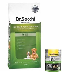 Dr.Sacchi Premium Düşük Tahıllı Kuzu Etli 12 kg Yetişkin Köpek Maması+Gimdog Sport Snack 60 gr Köpek Ödülü