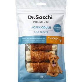 Dr.Sacchi Premium Tavuk Sargılı Beyaz Sığır Derisi Pres Kemik Tahılsız 3 inç 22-25 gr 5'li Köpek Ödülü