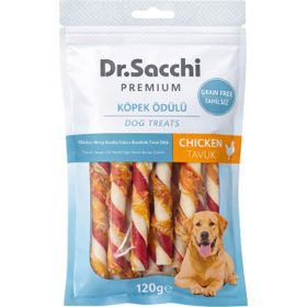 Dr.Sacchi Premium Tavuk Sargılı Çift Renkli Sığır Derisi Burgu Çubuk Tahılsız 5 inç 12 gr 10'lu Köpek Ödülü