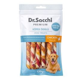 Dr.Sacchi Premium Tavuk Sargılı Çift Renkli Sığır Derisi Burgu Çubuk Tahılsız 5 inç 12 gr 10'lu Köpek Ödülü