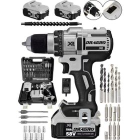 Dragro Alman 58 V 5 Ah Darbeli Bakır Sargılı Metal Şanzuman Şarjlı Çift Akülü XXR Grey Vidalama Matkap