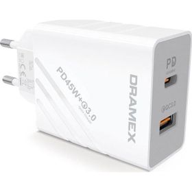 Dramex DPQ45B Quantum 45W PD QC 3.0 1xUSB-A+1xType-C Port Çıkışlı Beyaz Şarj Cihazı