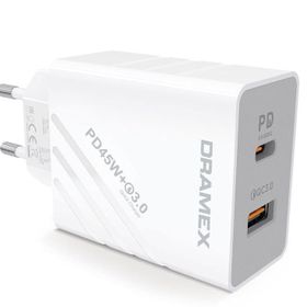 Dramex DPQ45B Quantum 45W PD QC 3.0 1xUSB-A+1xType-C Port Çıkışlı Beyaz Şarj Cihazı