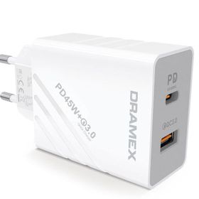 Dramex DPQ45B Quantum 45W PD QC 3.0 1xUSB-A+1xType-C Port Çıkışlı Beyaz Şarj Cihazı