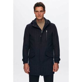 D's Damat 1HF08ORT10006 Regular Fit Lacivert Çizgili Yünlü Kapüşonlu Kaşe Kaban