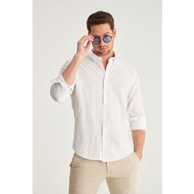D's Damat 6HC02ORT63265 Slim Fit Beyaz Keten Görünümlü Erkek Gömlek