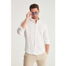 D's Damat 6HC02ORT63265 Slim Fit Beyaz Keten Görünümlü Erkek Gömlek