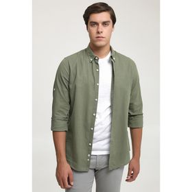 D's Damat 6HC02ORT63265 Slim Fit Yeşil Keten Görünümlü Erkek Gömlek