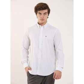 Dufy Hardal Erkek Regular Fit Çizgili Düğmeli Yaka Uzun Kol Gömlek - 97916
