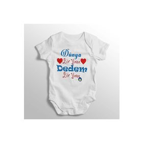Dünya Bir Yana Dedem Bir Yana Yazılı Baskılı Beyaz Bebek Zıbını