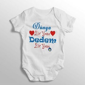 Dünya Bir Yana Dedem Bir Yana Yazılı Baskılı Beyaz Bebek Zıbını
