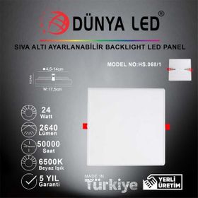 Dünya Led HS.068/1 24W Sıva Altı Backlight 6500K Beyaz Işık Kare LED Panel