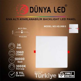 Dünya Led HS.069/3 36W Sıva Altı Backlight 3000K Günışığı Kare LED Panel