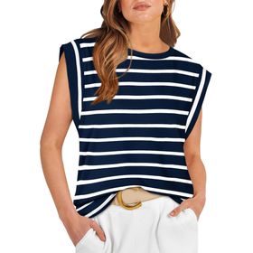 DUOEASE Top Mavi Çizgili Basic Yuvarlak Yaka Kısa Kollu Kadın T-shirt